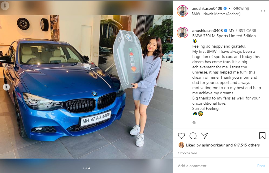 Anushka Sen New Car, Anushka Sen BMW Car, Anushka Sen Biography, Anushka Sen Lifestyle, anushka sen car, anushka sen age, anushka sen birthday, anushka sen result,BMW 330I M Sports Limited Edition